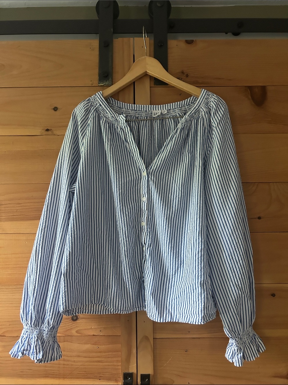 GAP Blue and White Striped Button-Up Peasant Blouse 100% Cotton